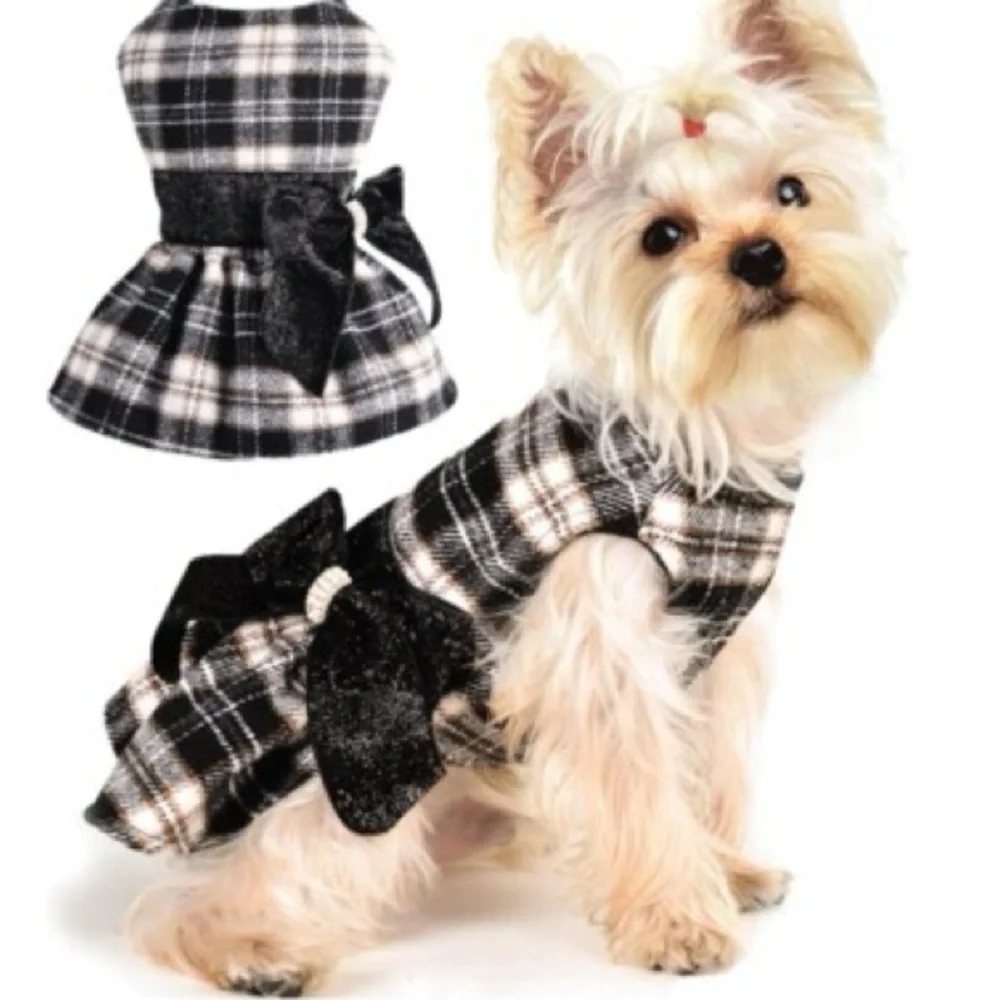 Plaid Black and White Holiday Skirt‎ with Bow Dog Dress